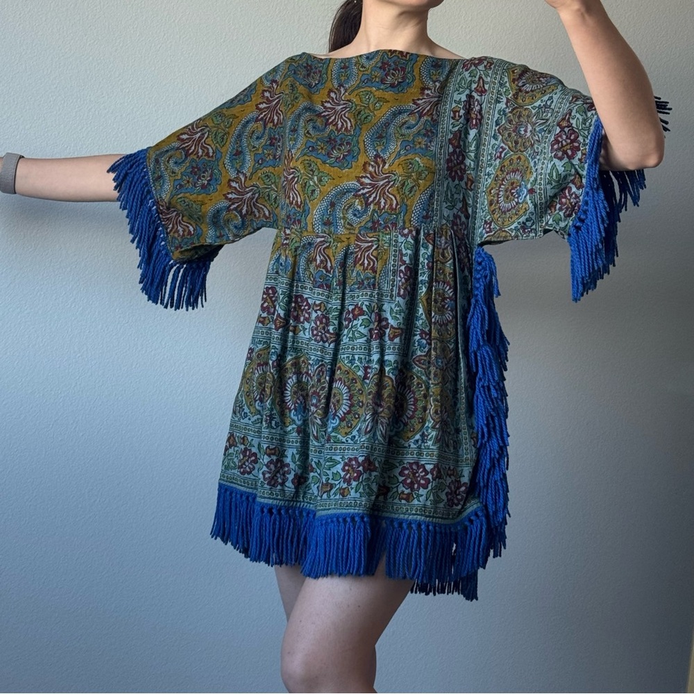 Boho Paisley Fringe Tunic Dress Festival Hippie Folk Kimono Tassel Mini OS - Picture 4 of 12